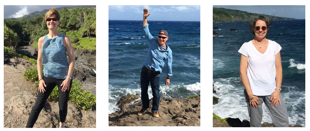 Three photographs grouped together, three people standing near the ocean in Hawaii US, smiling, happy