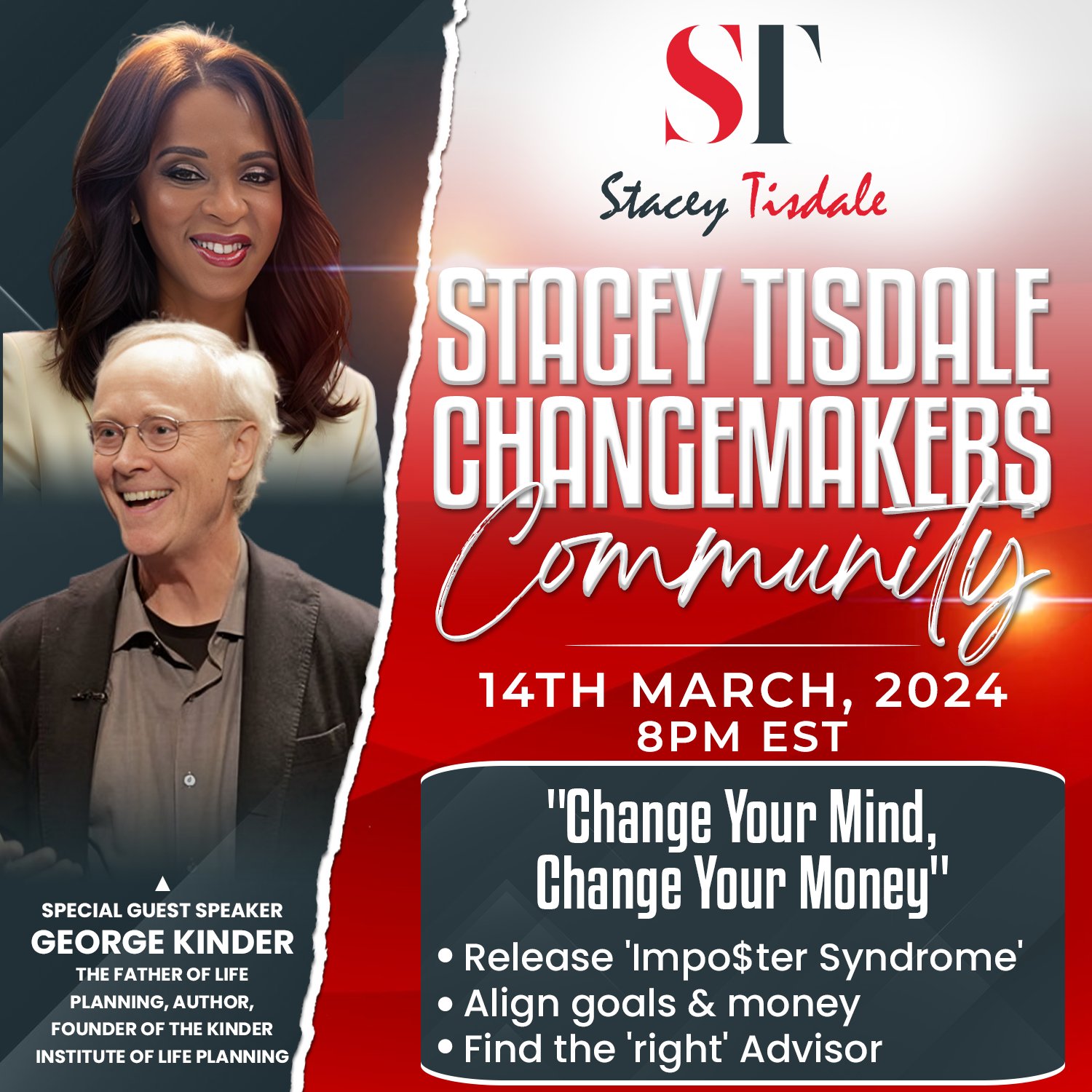 Stacey Tisdale above an image of George Kinder, next to text of the title "Change Makers"